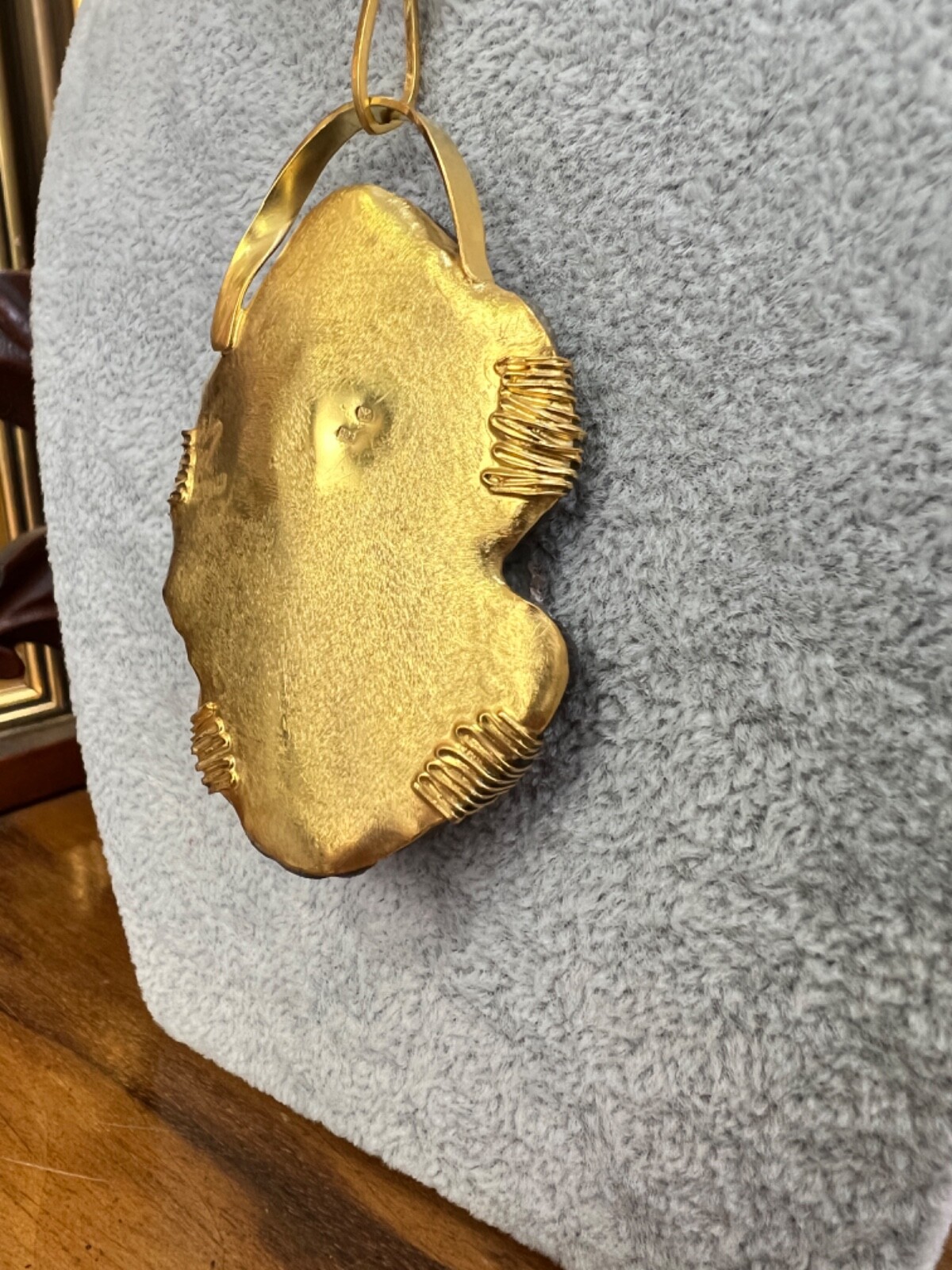 Modernist Gild Gold Neck Pendant Chalcedony Agate Geode Silver Mount Art Frame