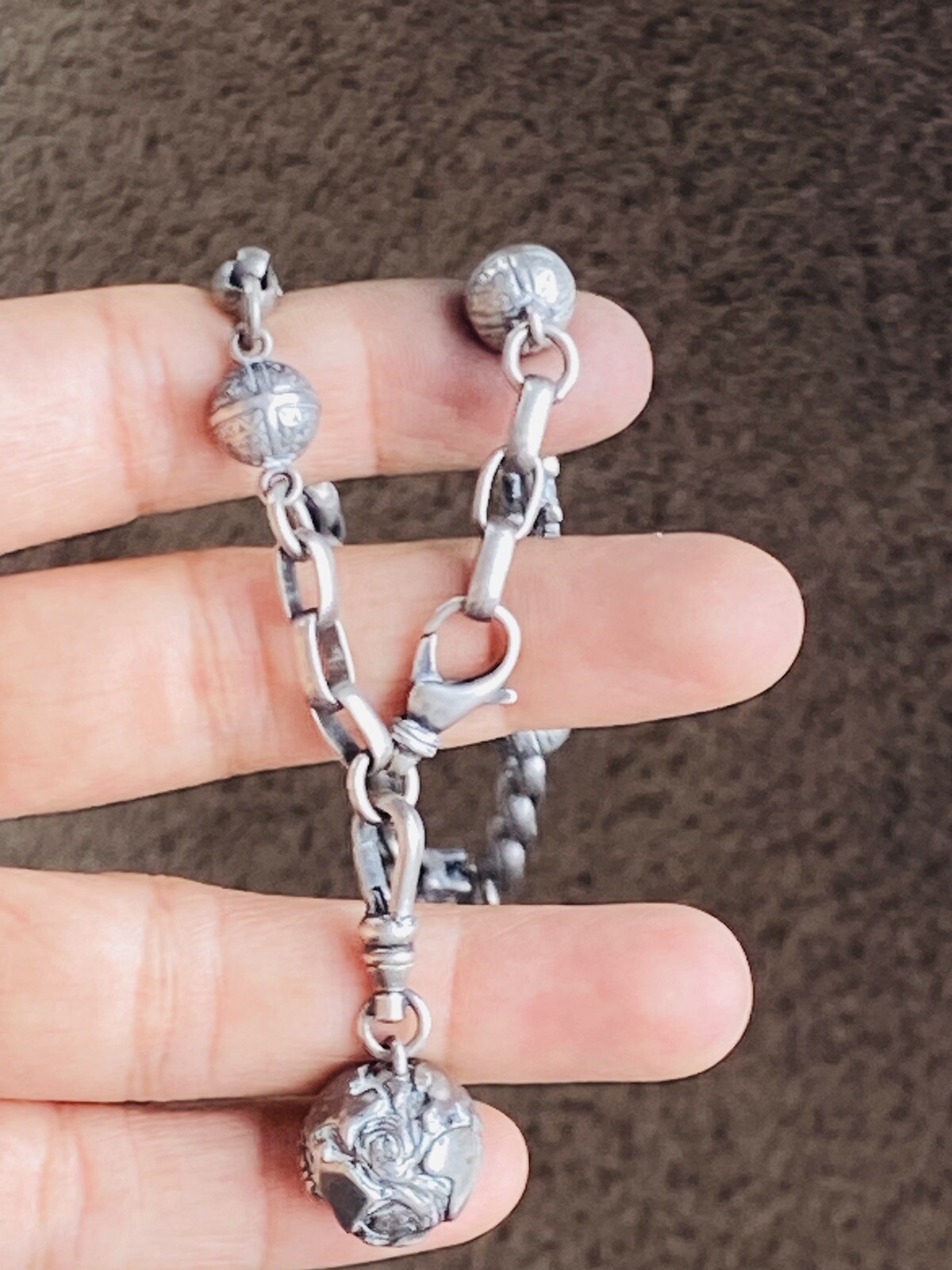 Vintage Sterling Silver Station Fleur de Lis French Ball Globe Charm Necklace