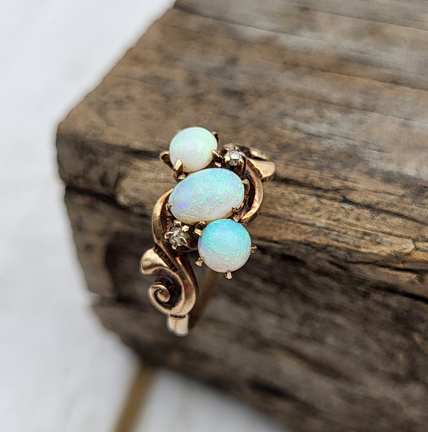 Antique Victorian 10K Gold Trilogy Opal & Diamond Ring Sz 4.25