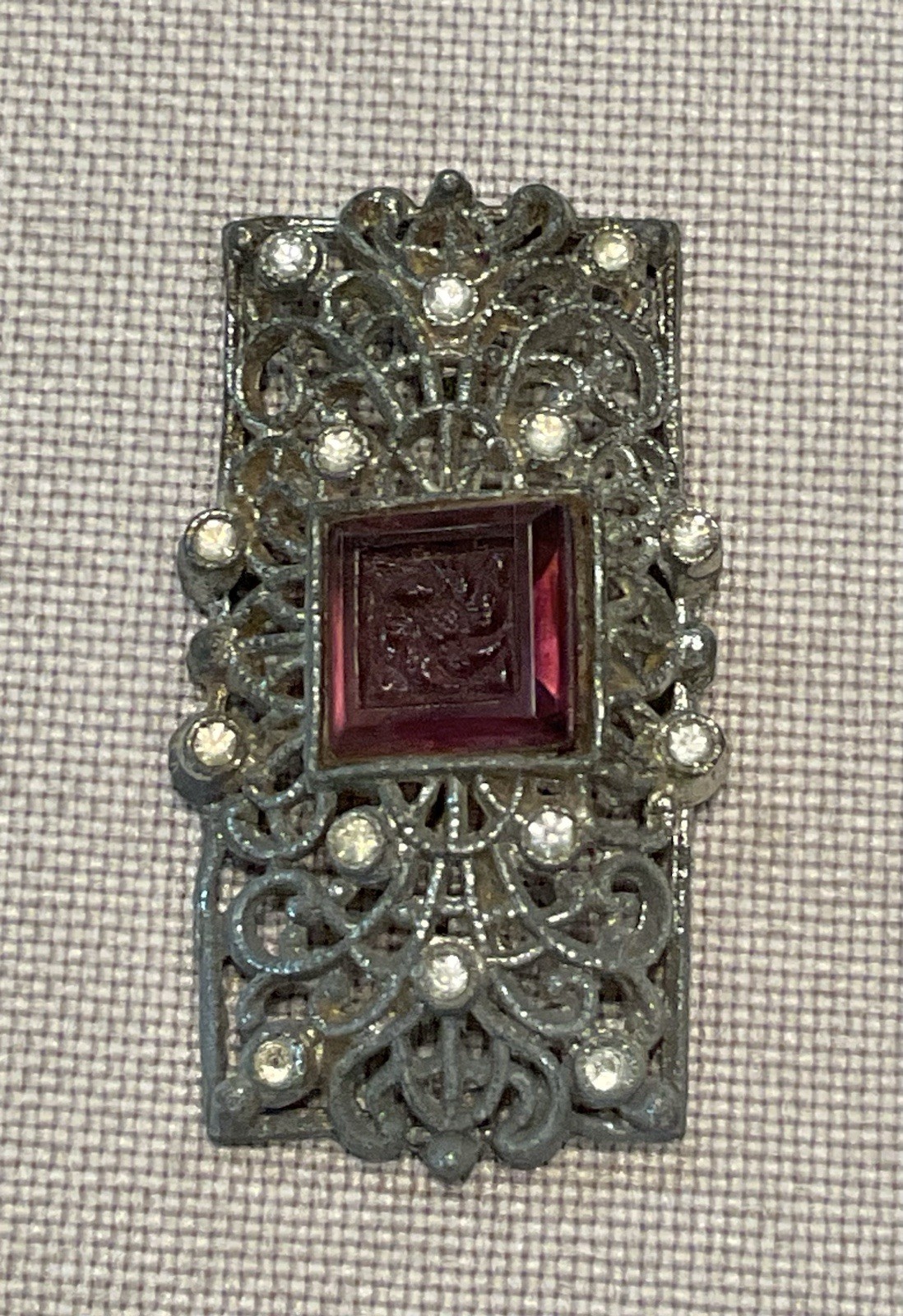 Vintage Brooch Pin Original 1930s 40 Filligree Silver Tone Intaglio Stone Flower