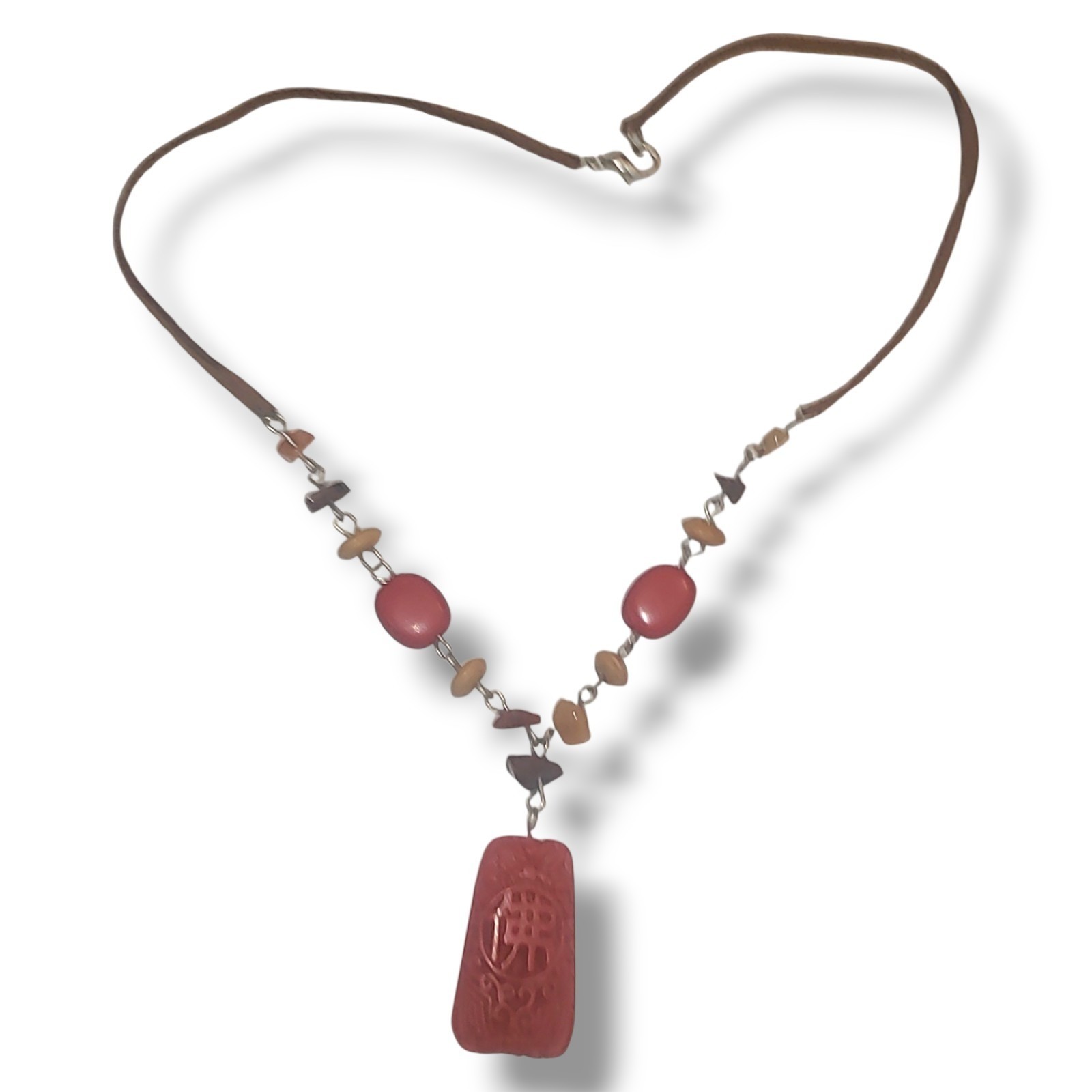 Vintage Boho Red Carved Stone Pendant Necklace Brown Leather Cord Ethnic Tribal