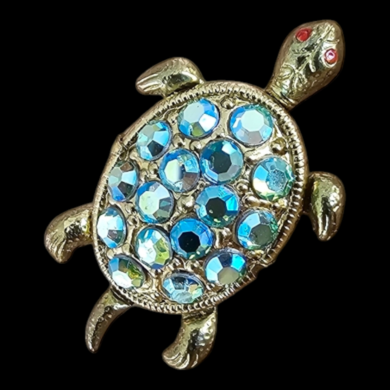 Genuine Vintage Gold Color Ges Gesch Blue Crystal Turtle Brooch – W Germany
