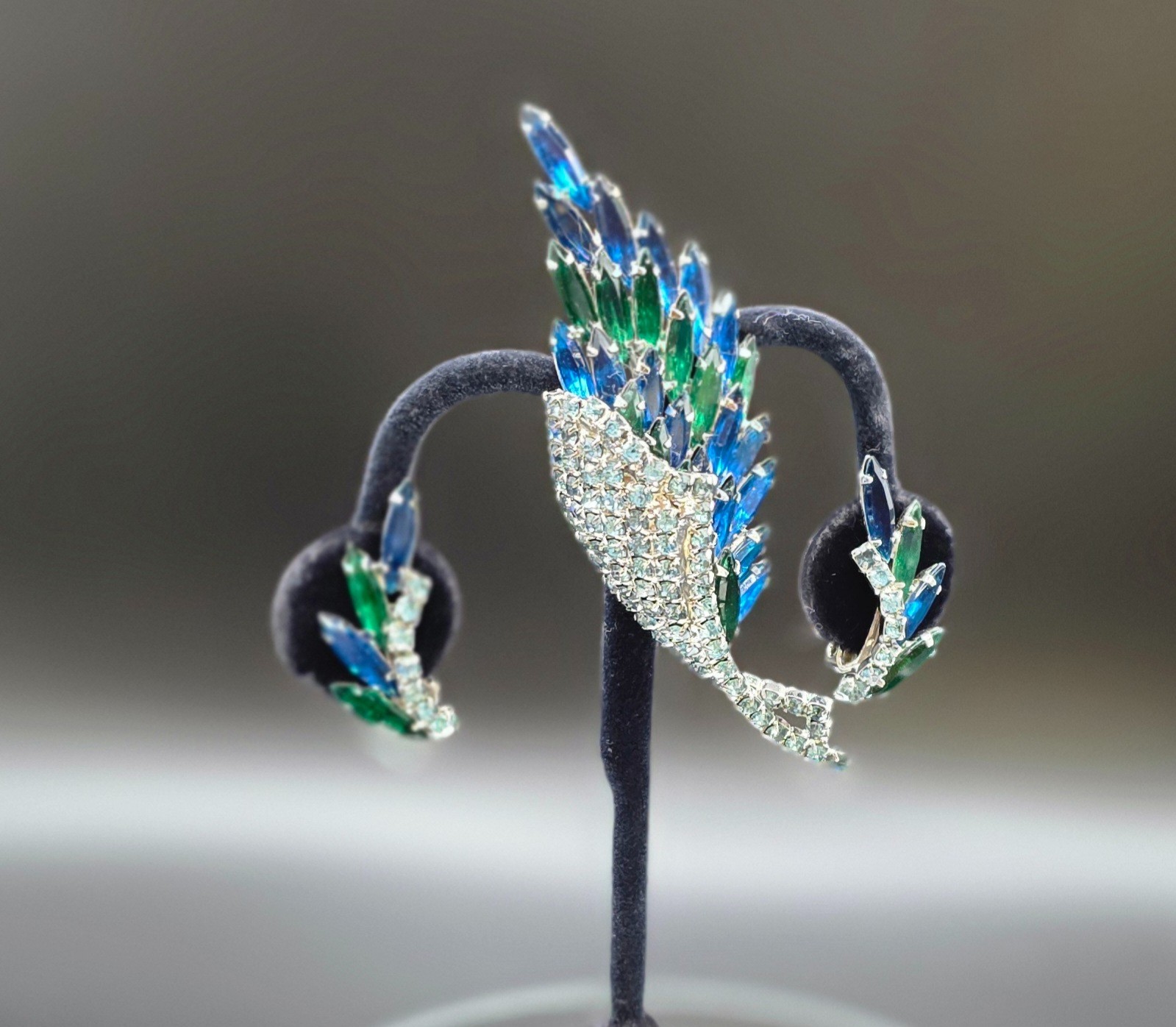Vintage Blue Green Rhinestone Brooch Clip Earrings Set Large Statement AB Glam