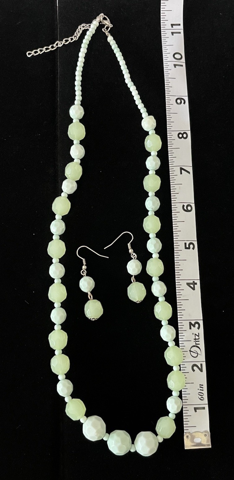 Vintage Light Green Beaded Statement Necklace & Pierced Earrings