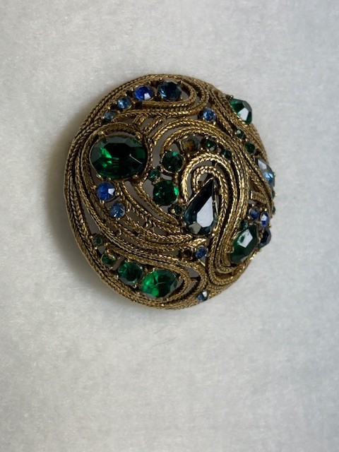 Vintage MCM LA ROCO Circular Green Blue Rhinestone Brooch Mid-century Modern