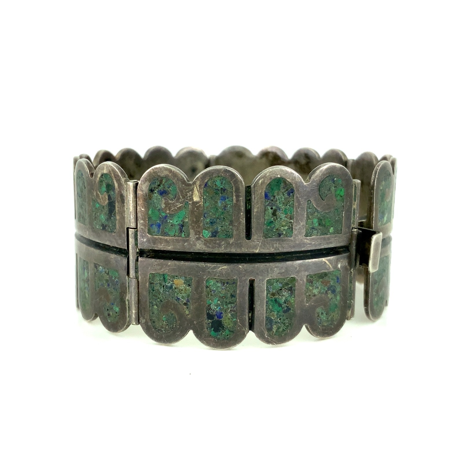 RQH Vintage Mexican Turquoise Chip Inlay, Sterling Silver Hinged Panel Bracelet