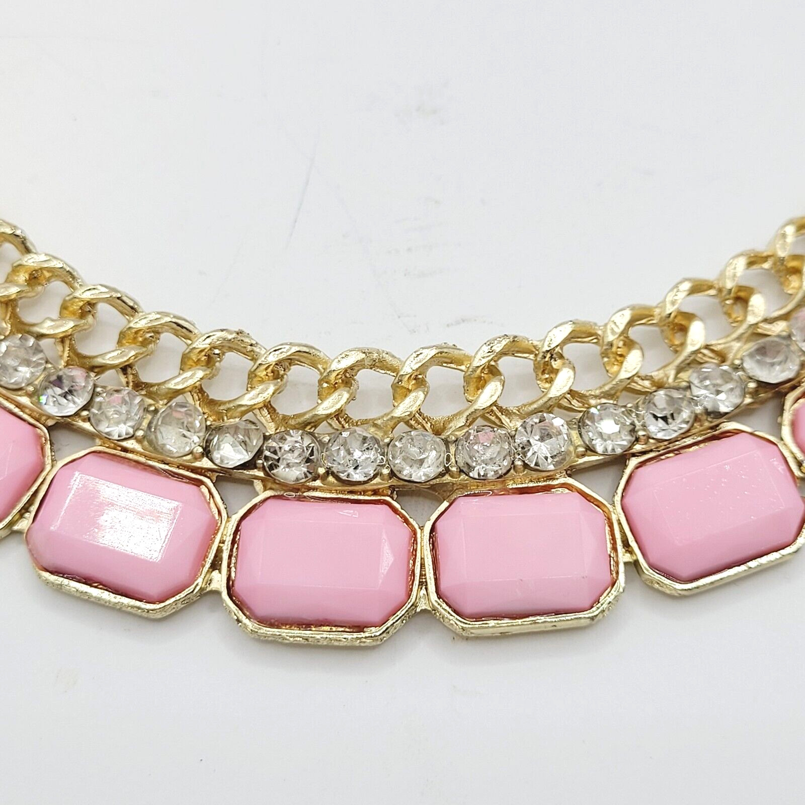 Fancy Rhinestone & Pink Acrylic with Milkglass Style Vintage Gold Tone Necklace