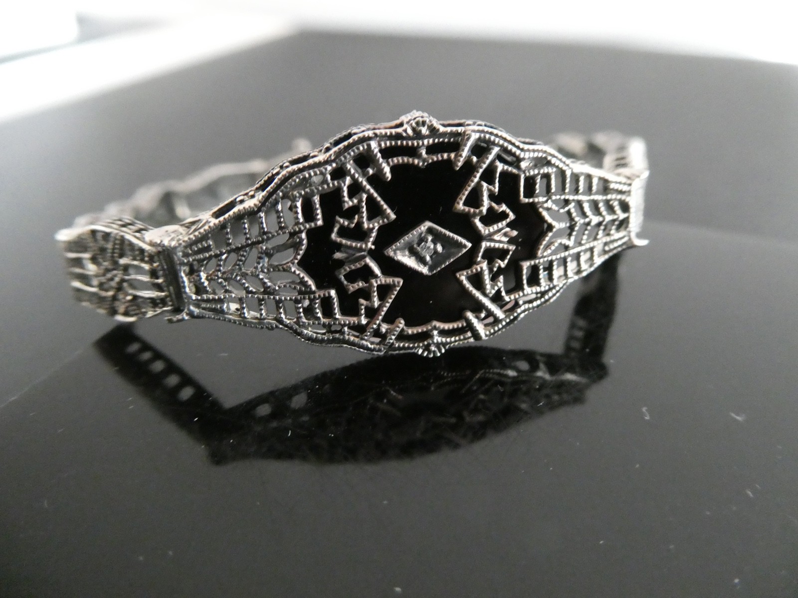 Vintage Diamond & Onyx Sterling 925 Filigree Tennis Style Bracelet Size 6 3/4″