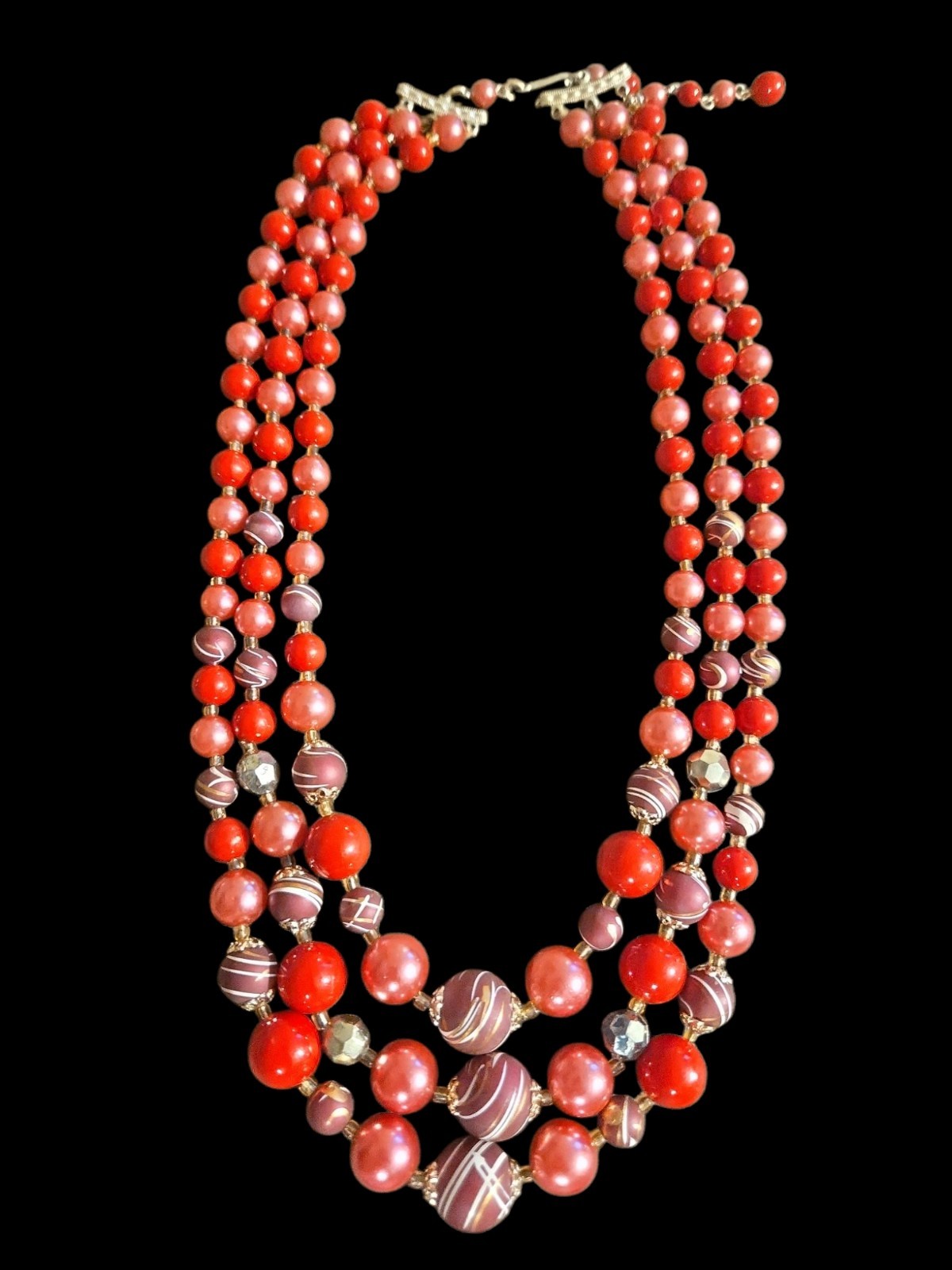 1950’s Japan 3 Strand 21″ Graduated Lucite Beads Necklace Red Purple Pink Signed