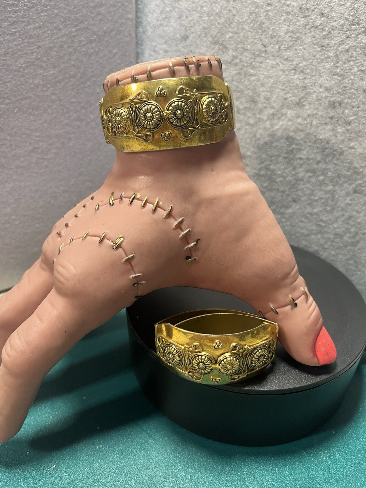Vintage Etruscan Revival Hinged Cuff Bracelet Pair Gold Tone Cannetille Jewelry