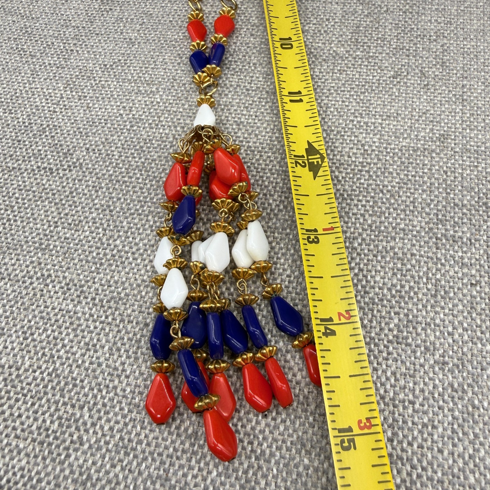 Vintage Necklace Tassel Dangles Red Blue White Acrylic Beads Retro 24 Inches
