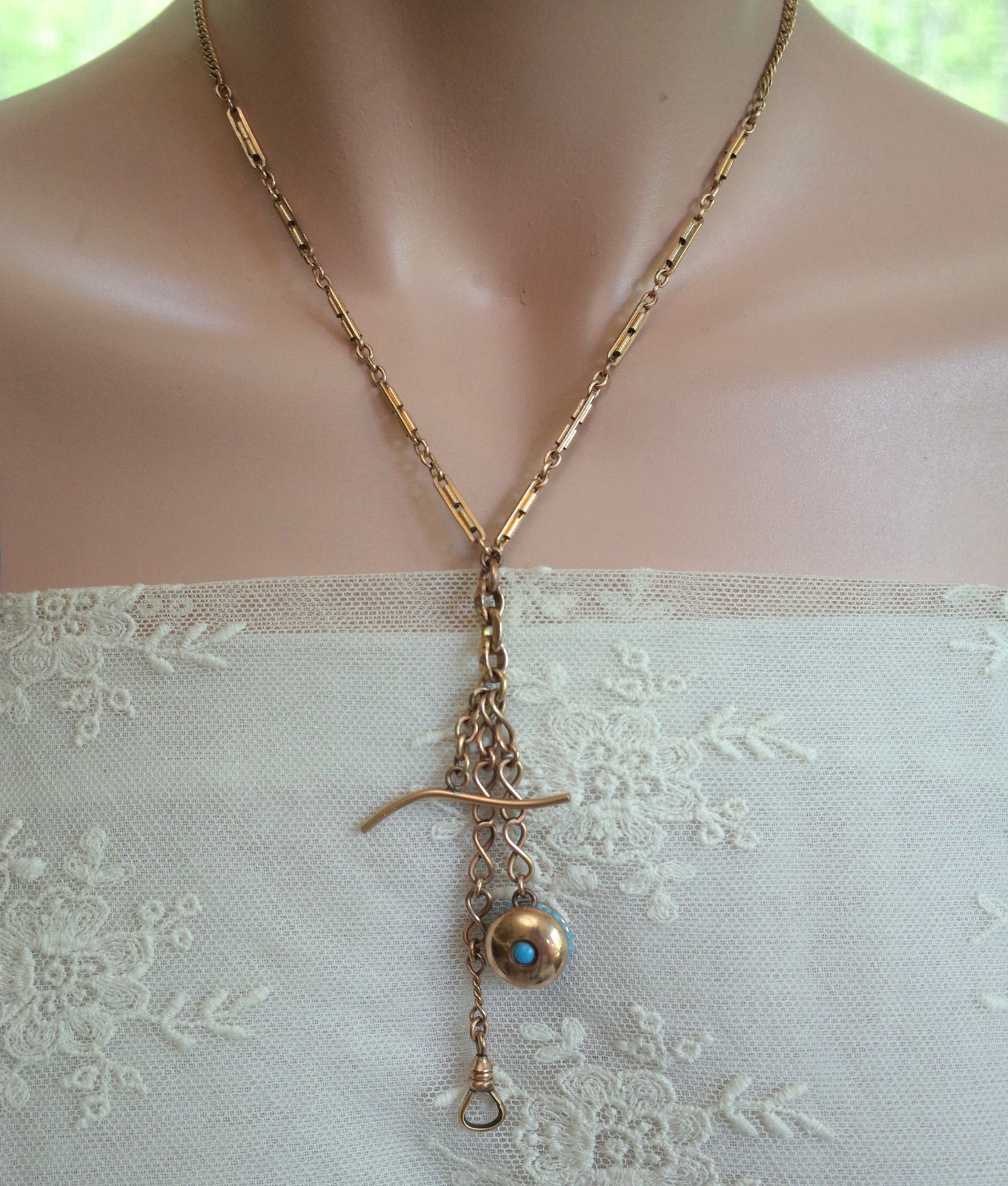 Antique Gold Filled Turquoise Watch Fob Necklace Bar & Link Chain Swivel Hook