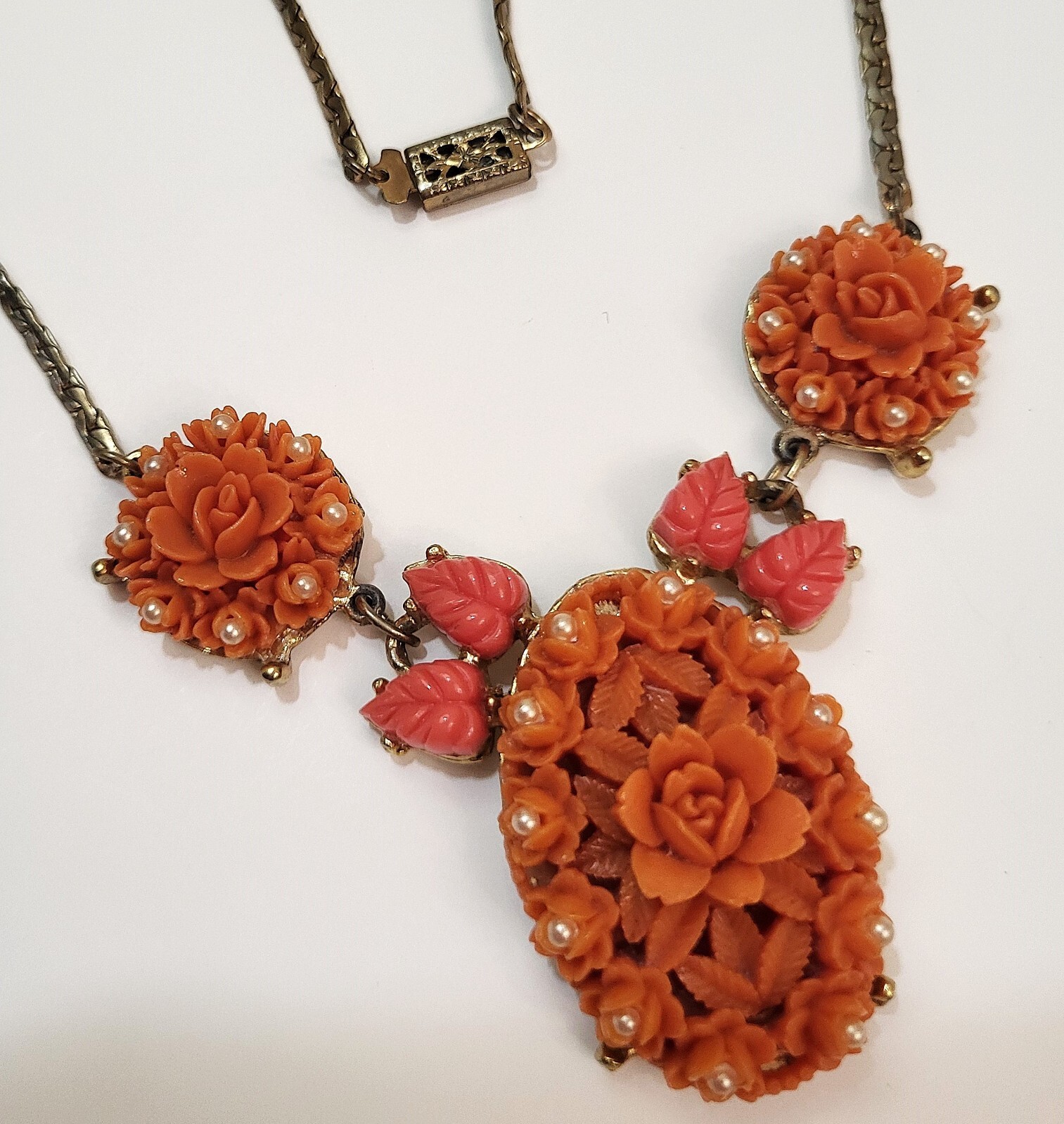 Romantic Circa 1920’s Art Deco Carved Flower Faux Coral & Seed Pearl Necklace