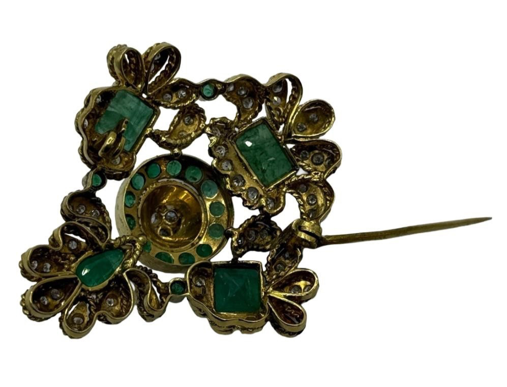 Estate Emerald & Diamond Brooch, 14K Yellow Gold, 3.70ctw Emeralds. Vintage