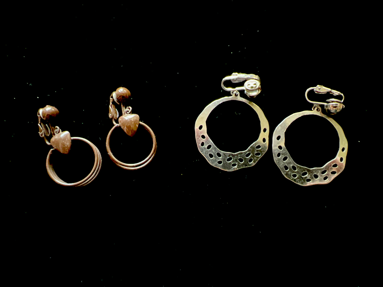 Vintage Silvertone Brown Silver Hoop Dangle Drop ClipOn Earrings Lot Of (2)