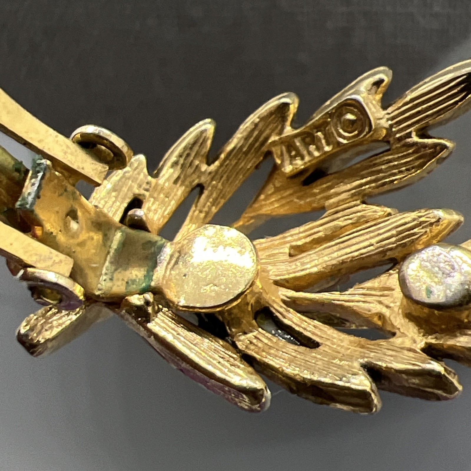 Vintage ART Leaf Earrings Gold Green Enamel Clip On Midcentury Nature READ