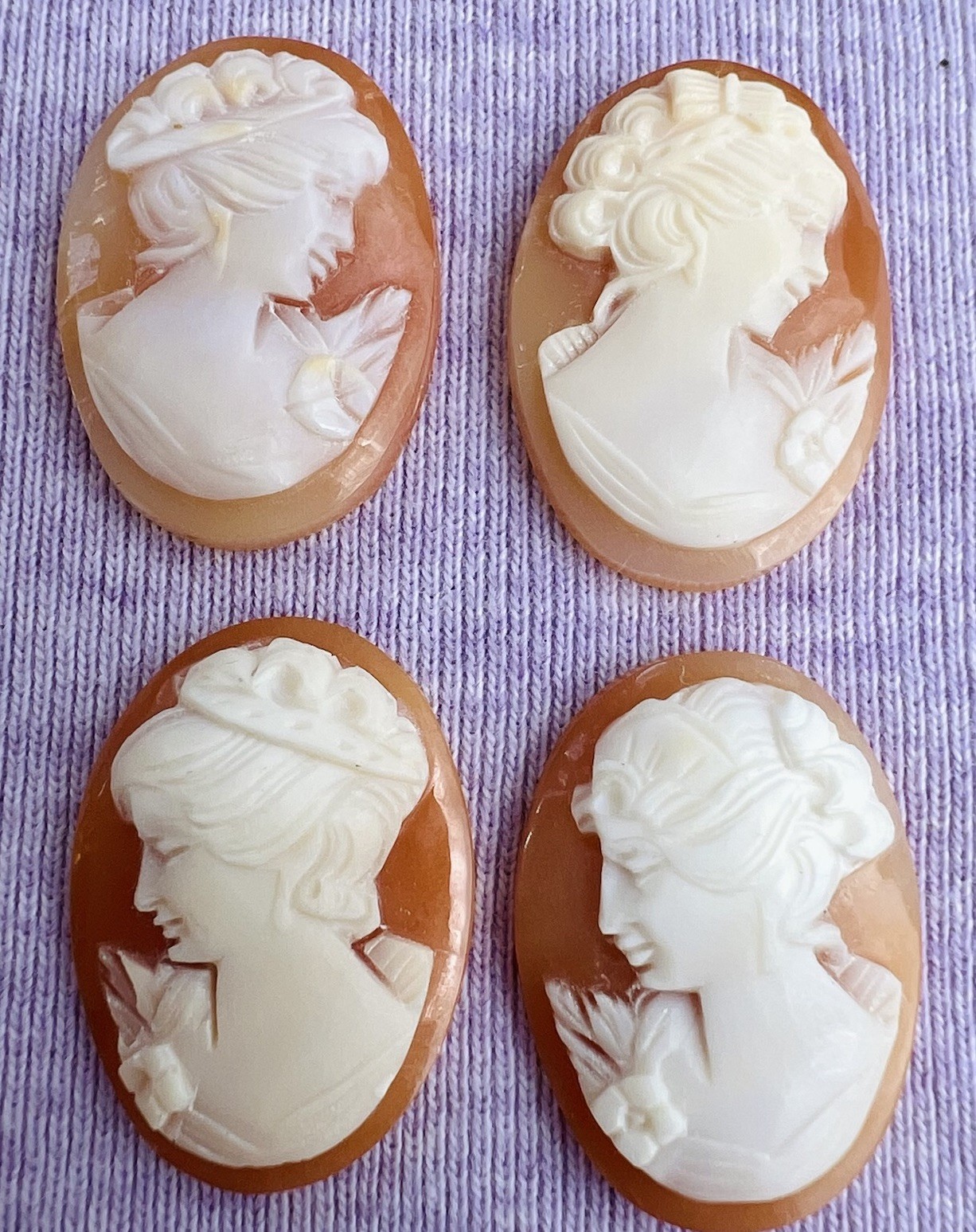 Vtg Hand Carved Shell Cameos (4) Loose Oval Lady Portrait Right Facing 2, Left 2