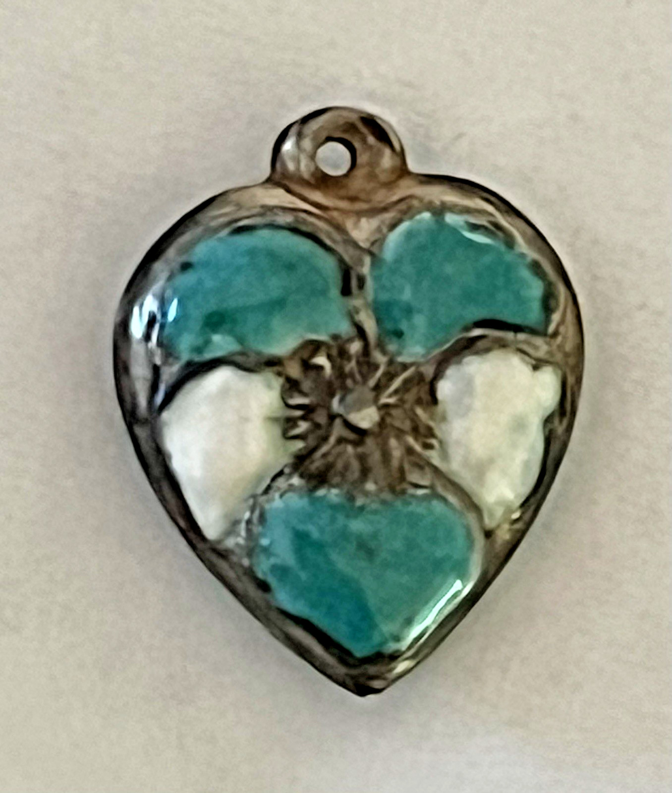 Sterling Silver Heart Flower Charm Puffy Enamel Pansy Stamped 925 Vintage Blue