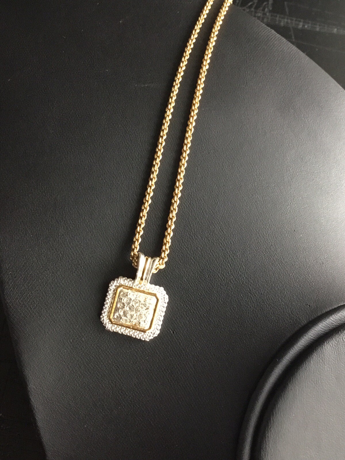 Signed Avon Silver & Gold Tone Square Rhinestone Paved Pendant On Popcorn Chain