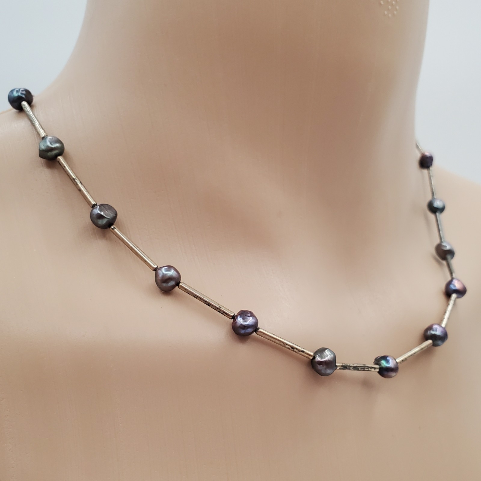 VTG 925 Peacock Pearl Necklace 16in Sterling Silver Bar Links 7g Gray Station