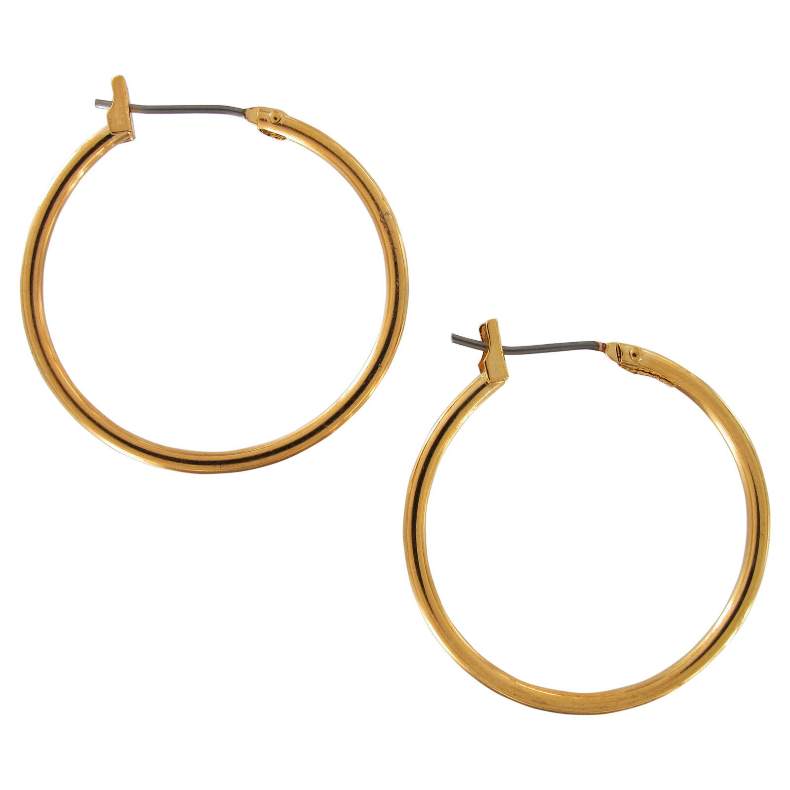 Classic Solid Plain Round Hoop Earrings Pierced Gold Tone Snap Down 1 3/16″