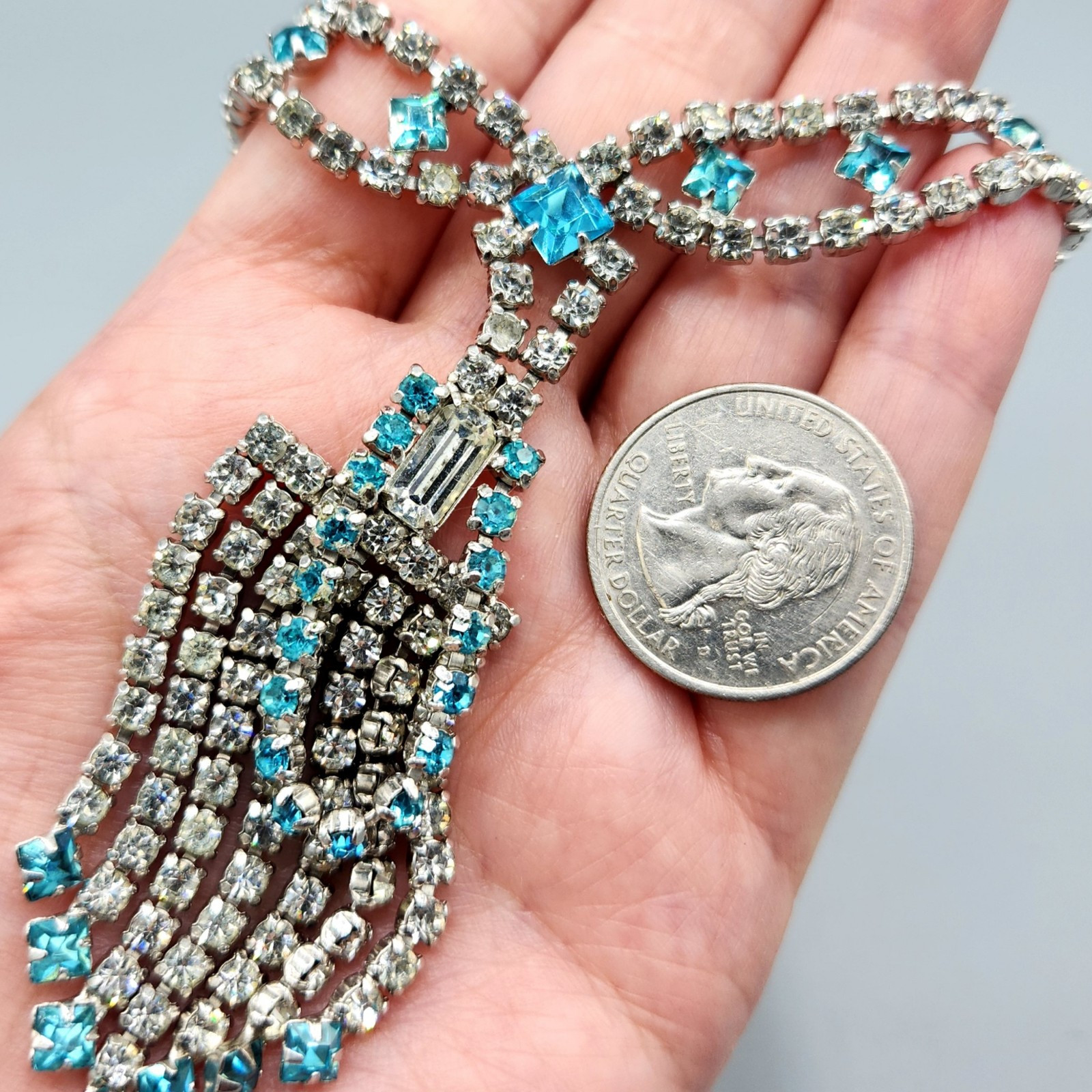 Retro Aqua Light Blue Square Rhinestone Crystal Lavalier Drippy Necklace 16″