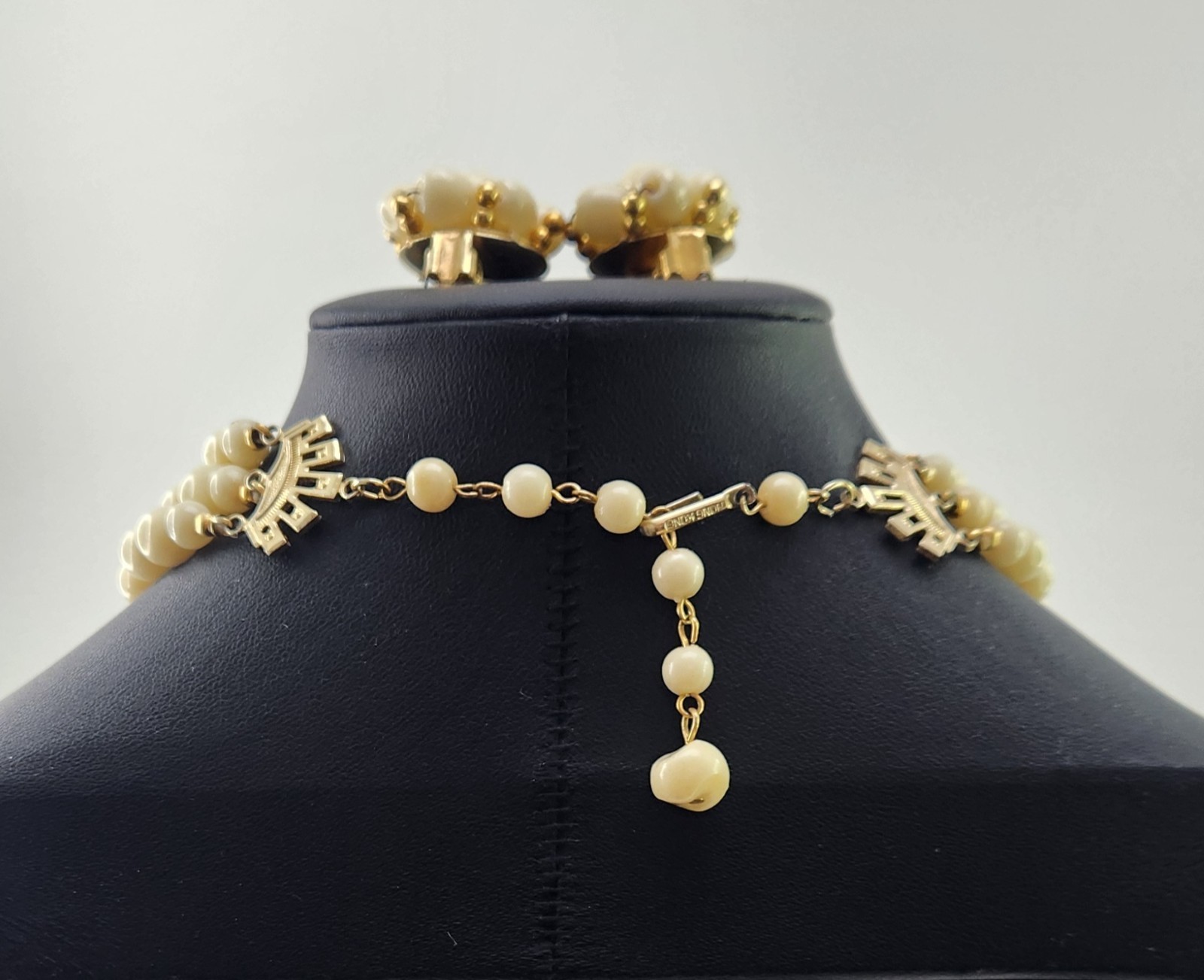 3 Strand Ivory and Gold Acrylic Bead Necklace Clip Earrings Set 1950s Hong Kong