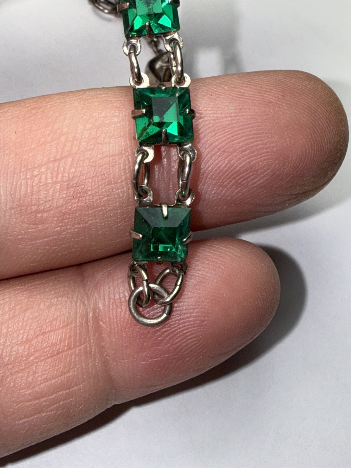 Bracelet Art Deco Paste Gwen Emerald Glass Sterling Silver Square Stone Antique