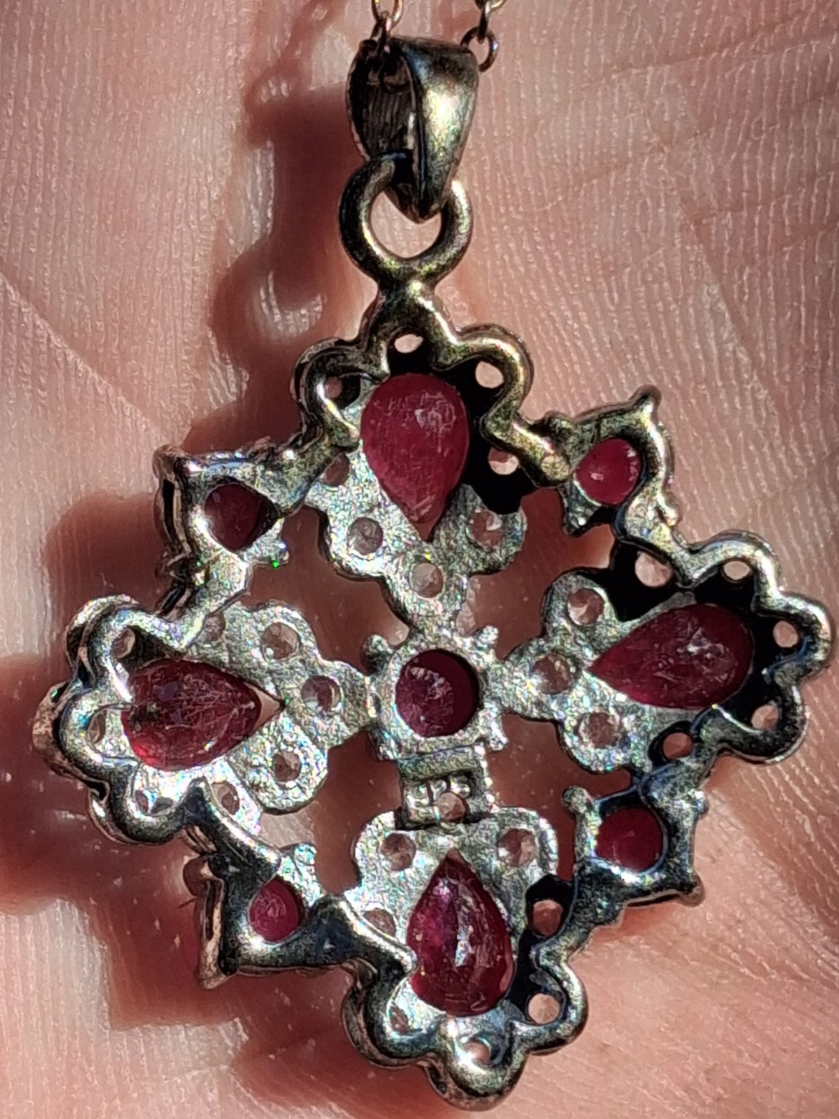 Vintage 925 Silver and Ruby Pendant With White Accent Stones Cluster Prong Set