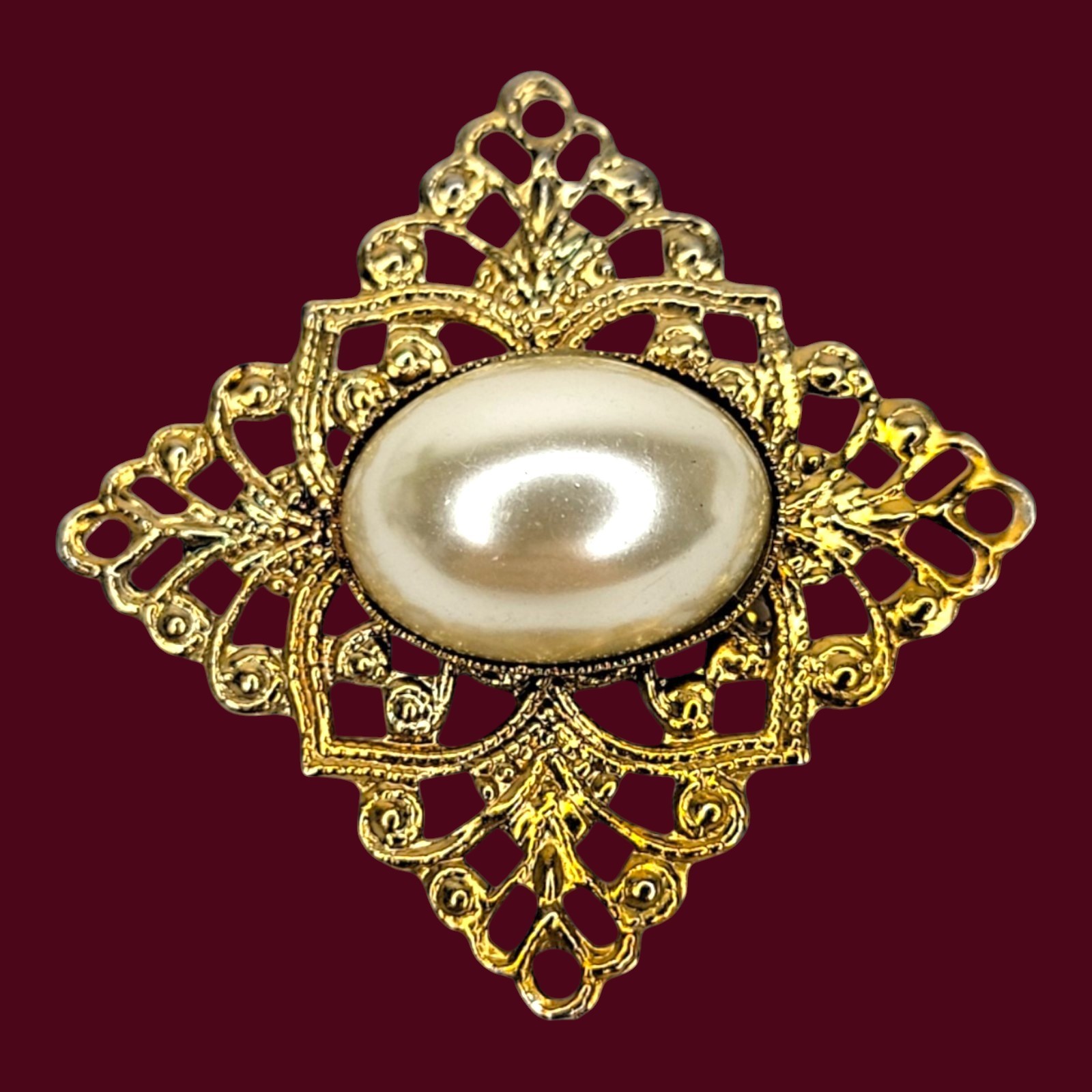 Filigree Brooch Pin Vintage Large Oval Simulated Pearl Gold Tone Diamond Shape