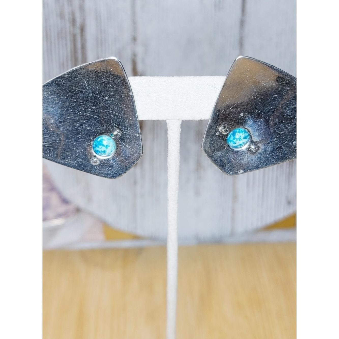 Vintage Modernist Turquoise Stud Earrings Large Geometric Silver Tone Statement