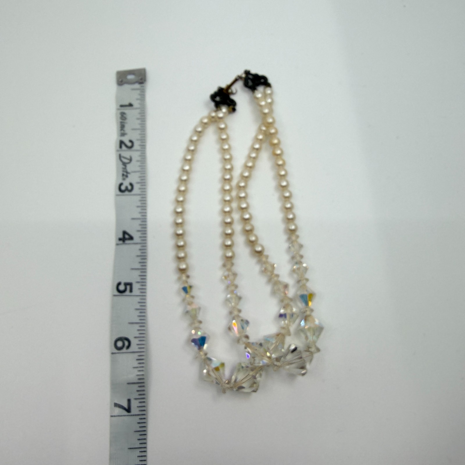 Vintage Aurora Borealis AB Glass Crystal Faux Pearl Layered Strand Choker Retro