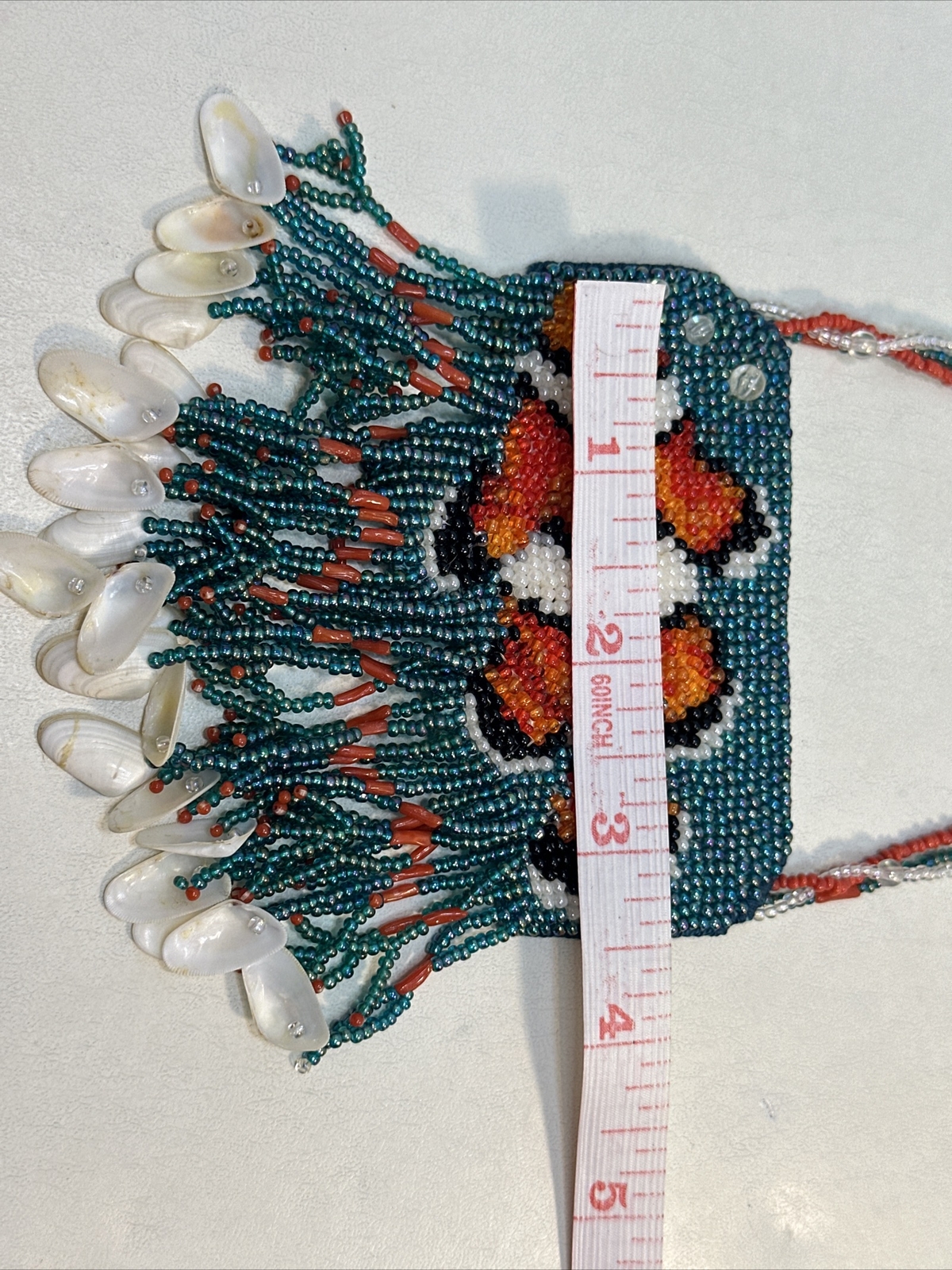 Vintage Handmade Orange Fish Sead Bead Southwestern Necklace With Fringe-Shells