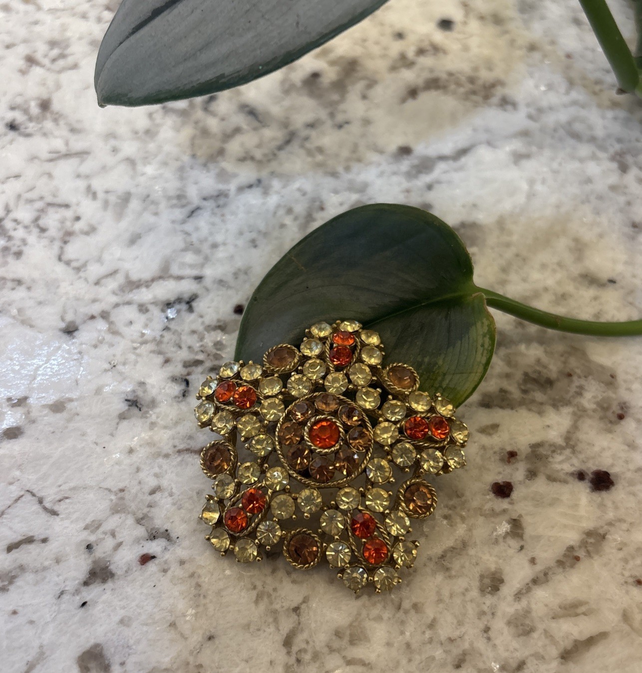 Vintage Round Floral Rhinestone Brooch Pin Fall Colors Green Orange Brown Gold