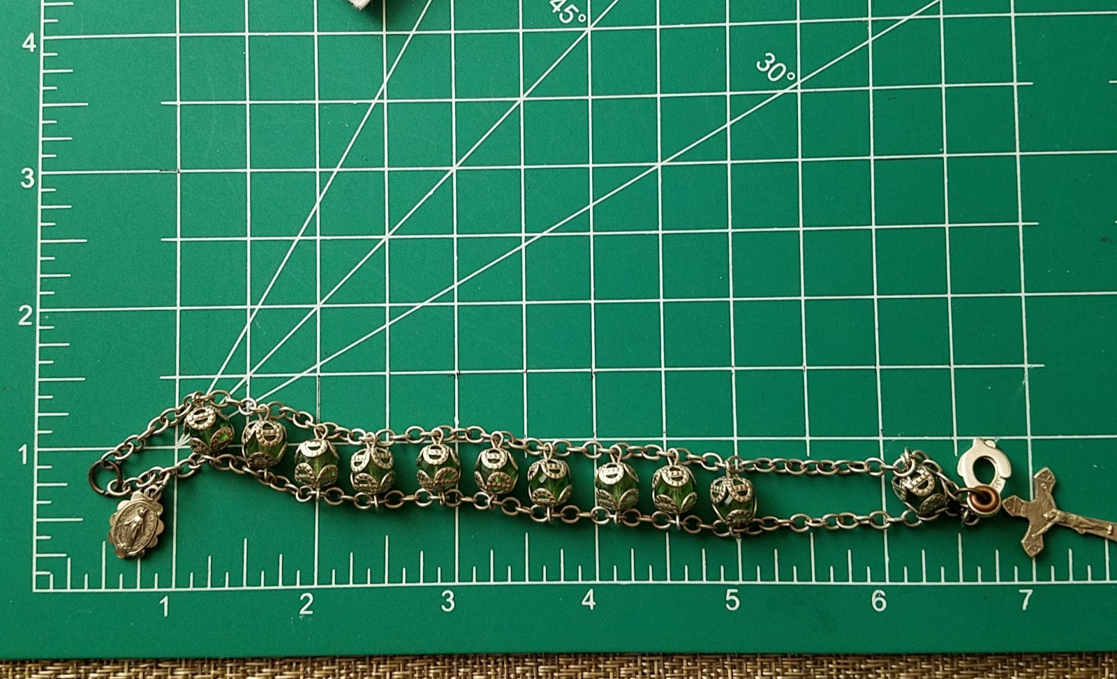 Vintage Sterling Chain Capped Green Bead Rosary Bracelet