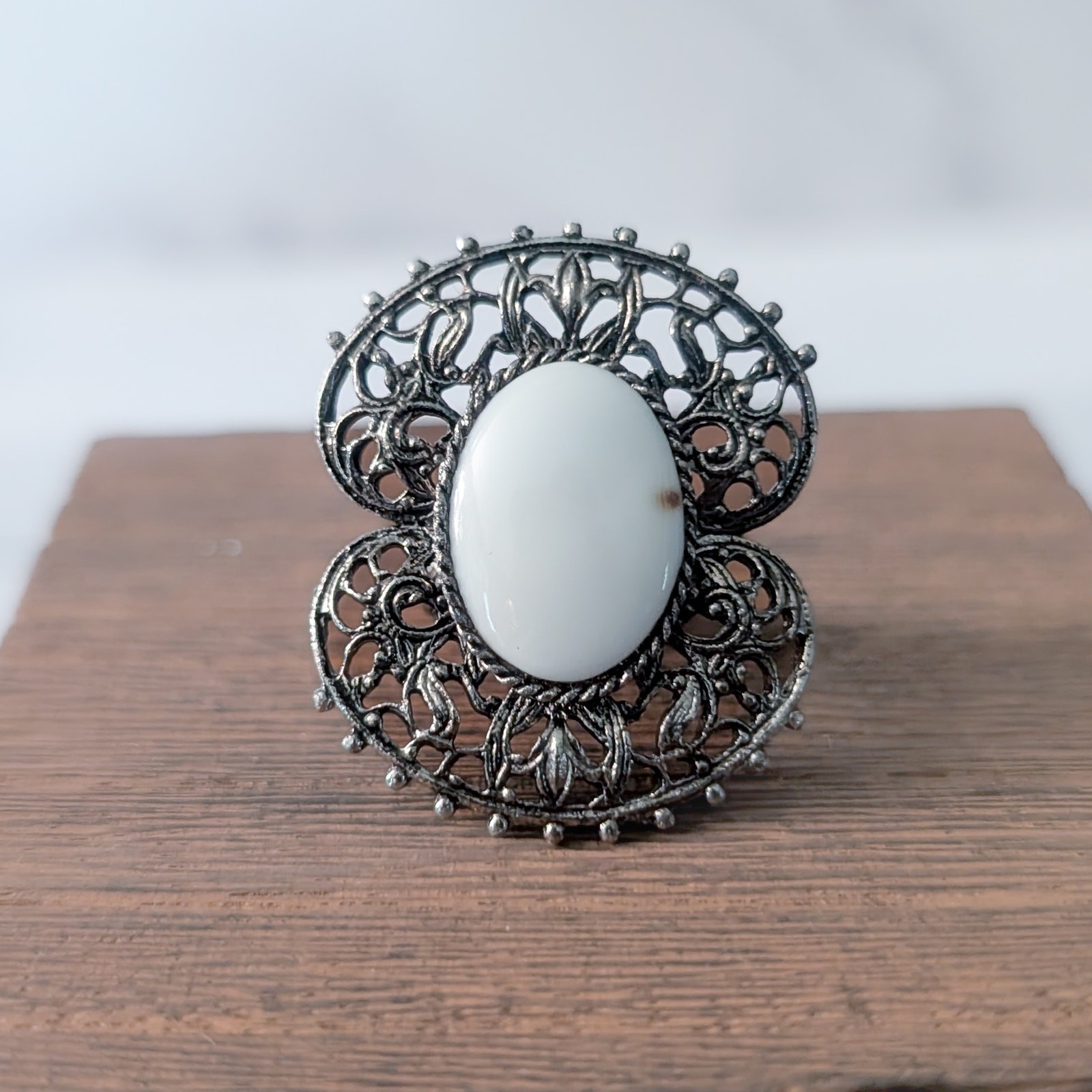Vintage Ring Extra Large Dark Silver Tone with White Center Statement