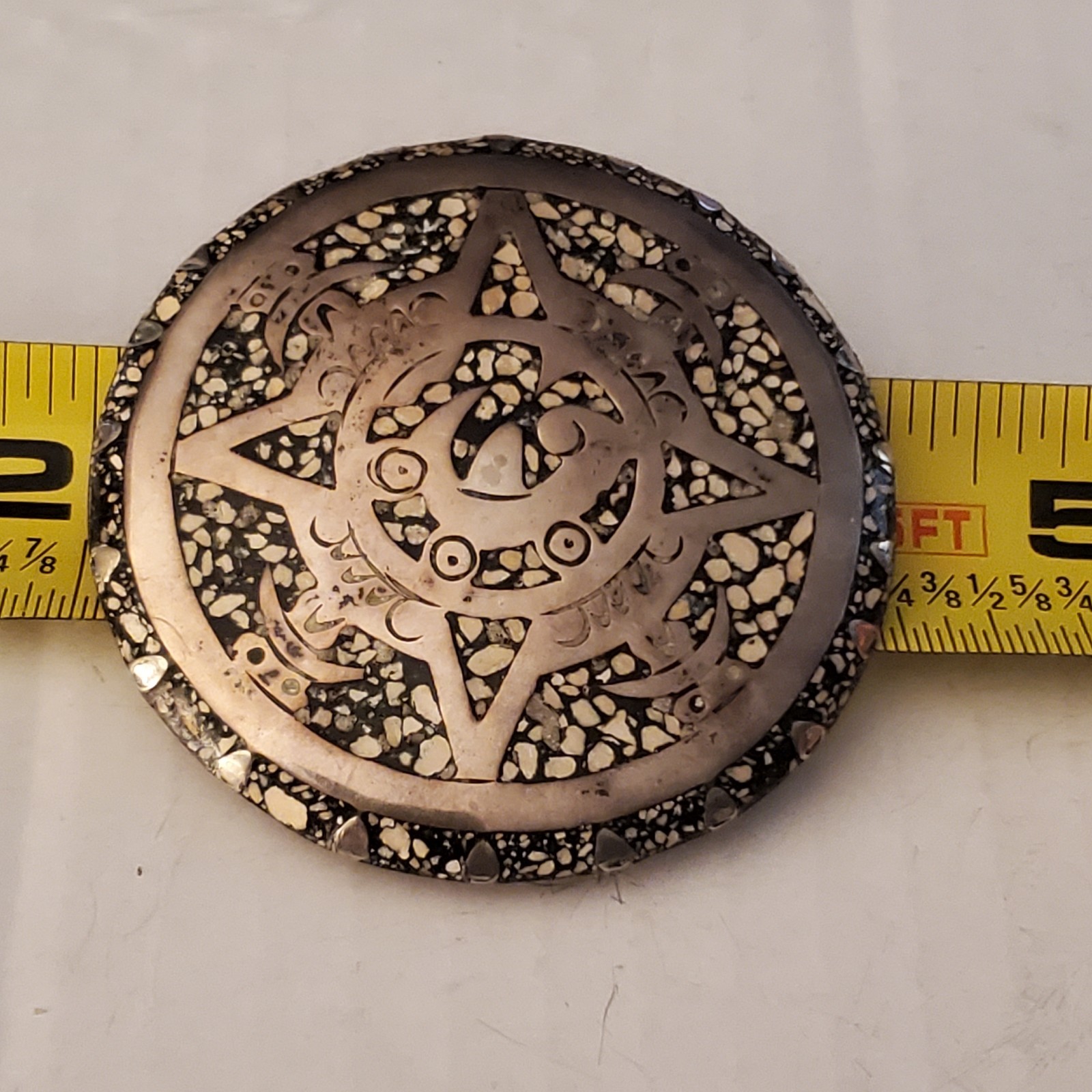 Sterling Silver Pin/Pendant Large 2 1/4″ Mexico Aztec Style with Chip Inlay 22 g