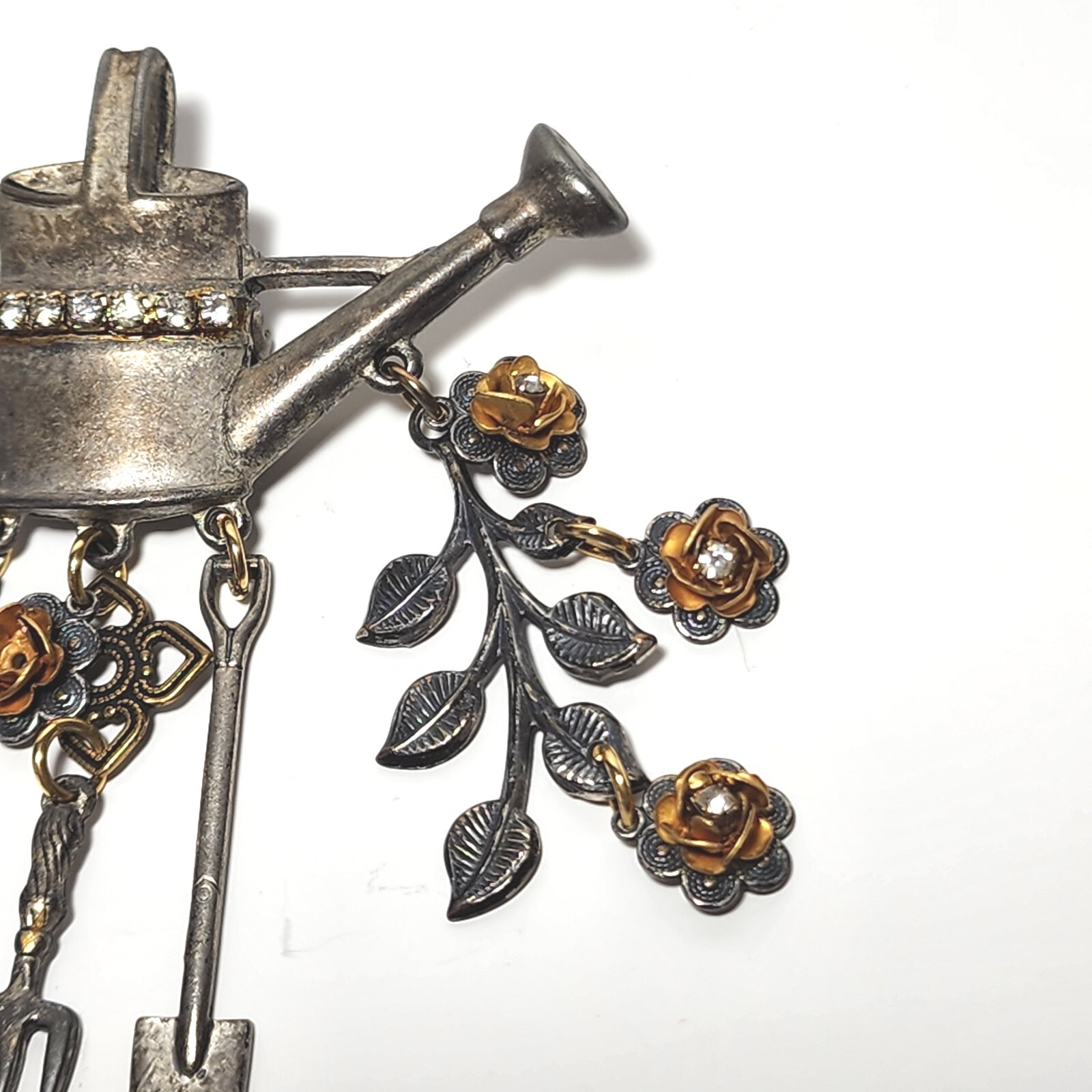 Vintage Jewelry Pewter Metal Garden Brooch Pin w Rhinestones & Gold Flowers