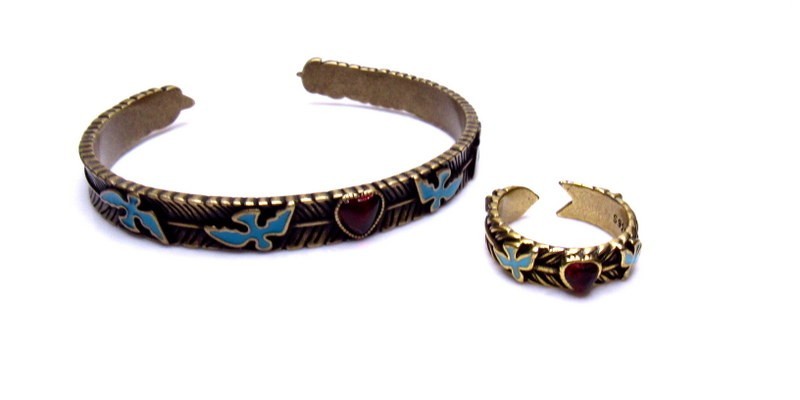 Garnet Silver Enamel Ring Bracelet SET Birds Hearts