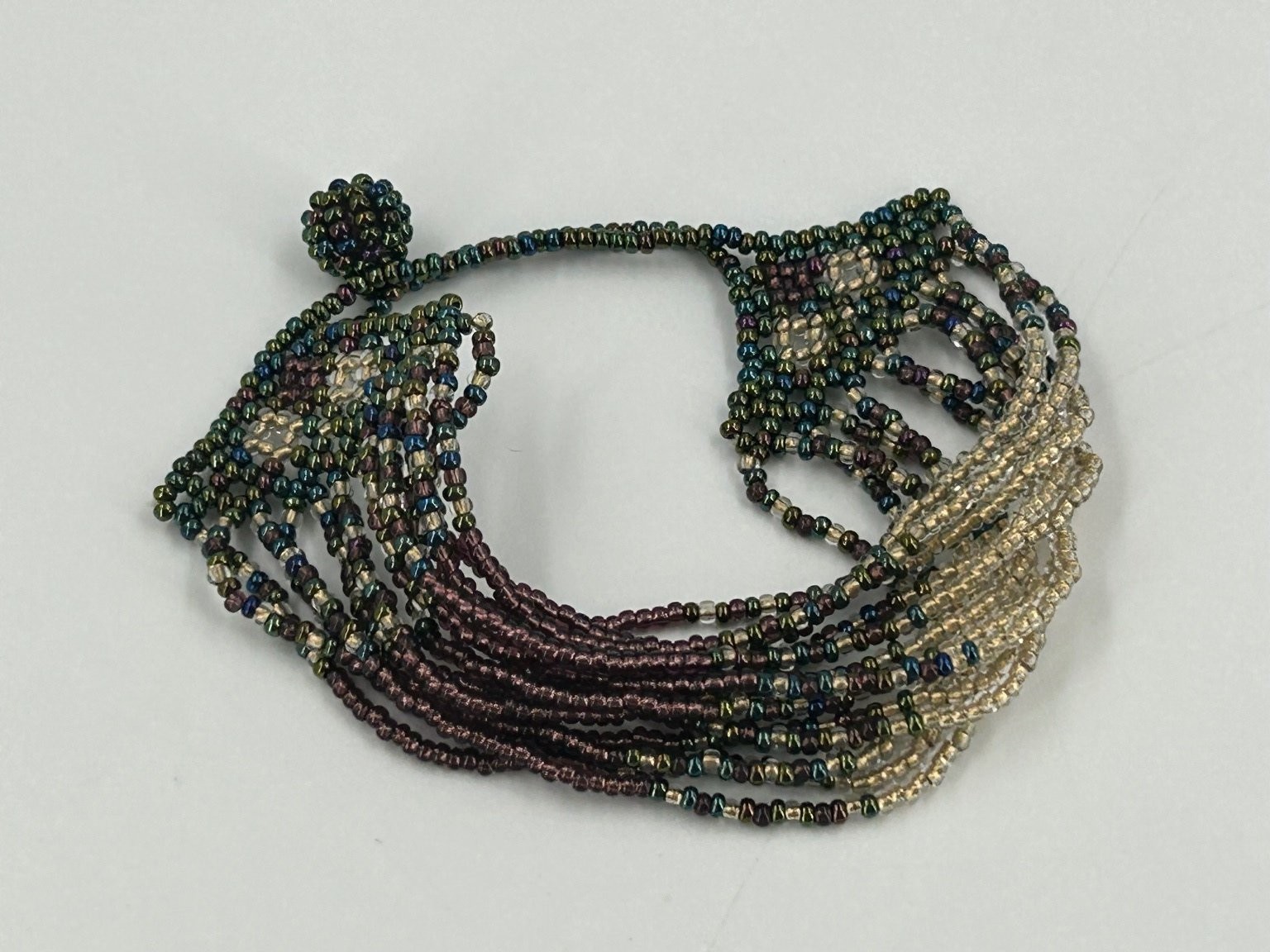 Handcrafted Seed Bead Bracelet Multi-Strand Iridescent Peacock Colors