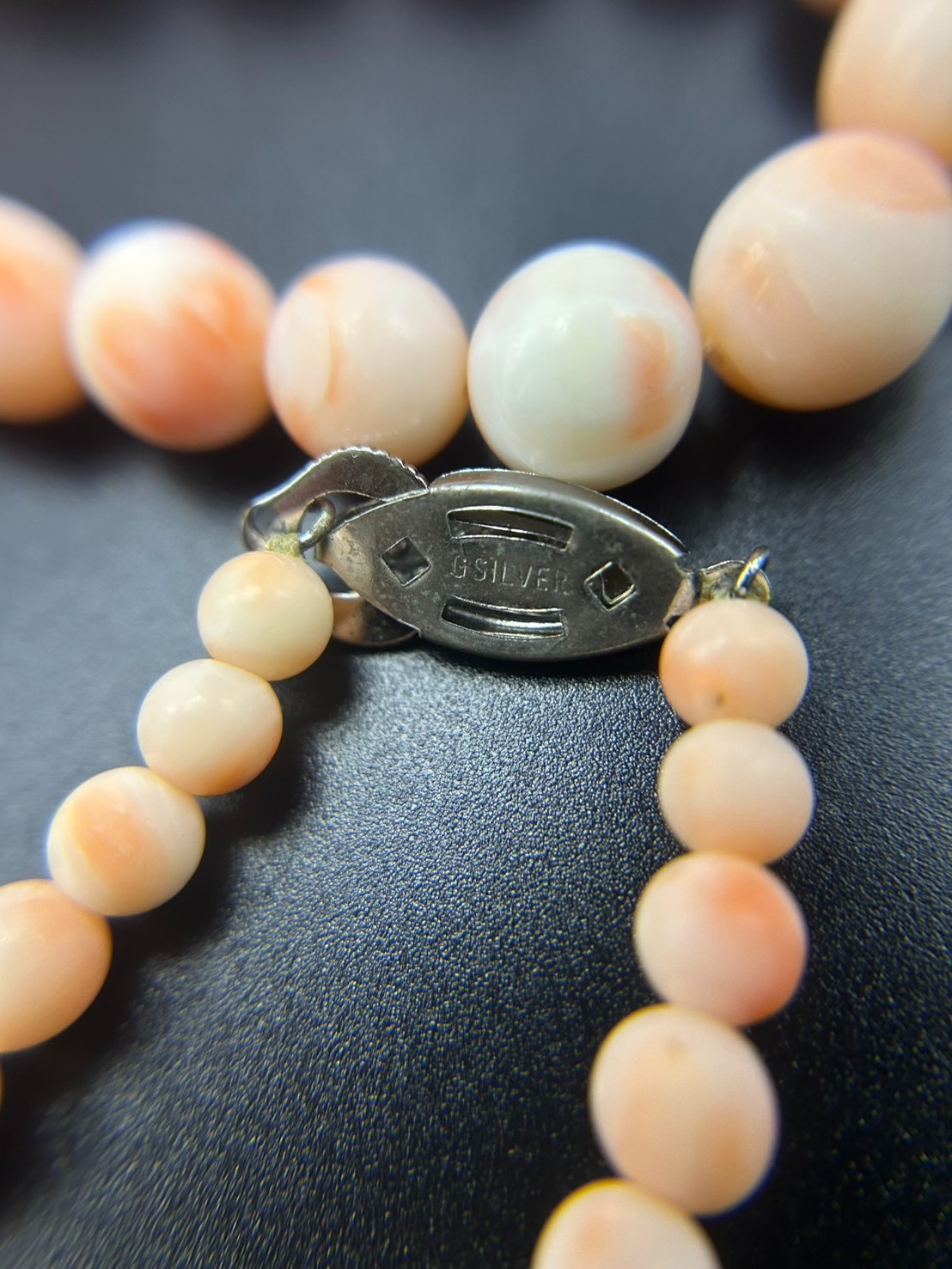 Japanese Pink Coral Bead Necklace Angel Skin Coral Graduated 10.6mm Silver Clasp