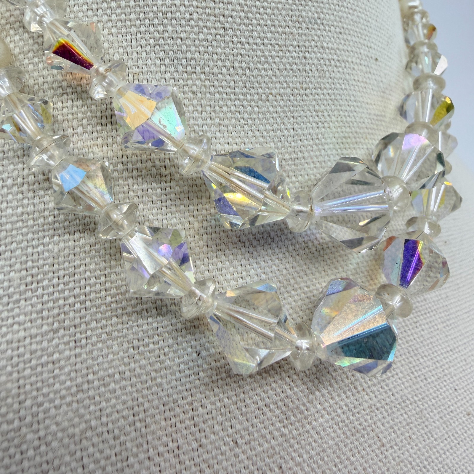 Vintage Aurora Borealis AB Glass Crystal Faux Pearl Layered Strand Choker Retro