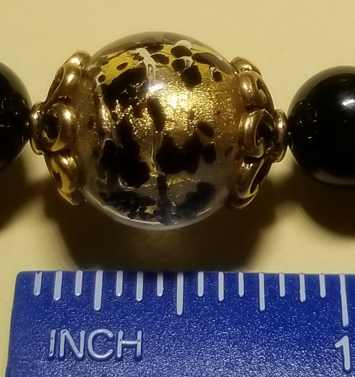 Vintage Black & Gold Beaded Necklace with Foil Art Bead Accent Toggle Closure