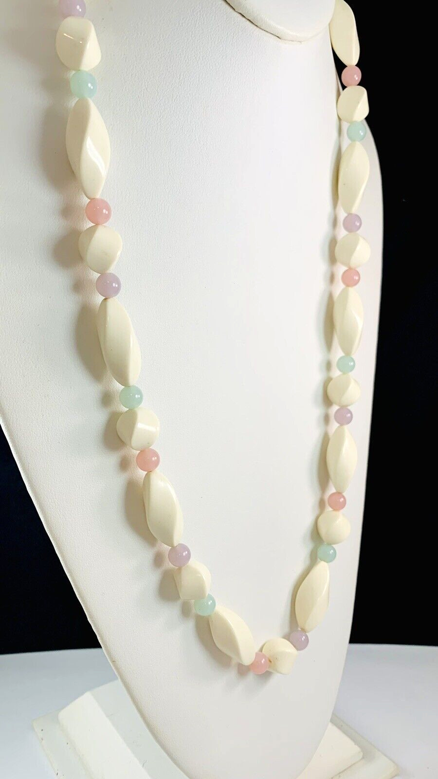 Vintage Twisted Off White & Pastel Pink Green Purple Beaded Necklace 28″