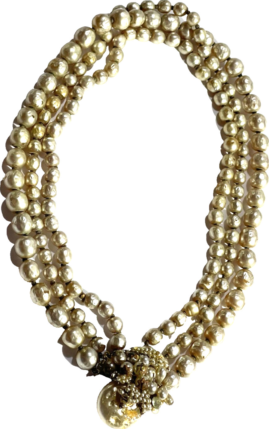 Vintage Miriam Haskell 3 Strand Pearl Choker Necklace 17″ Signed