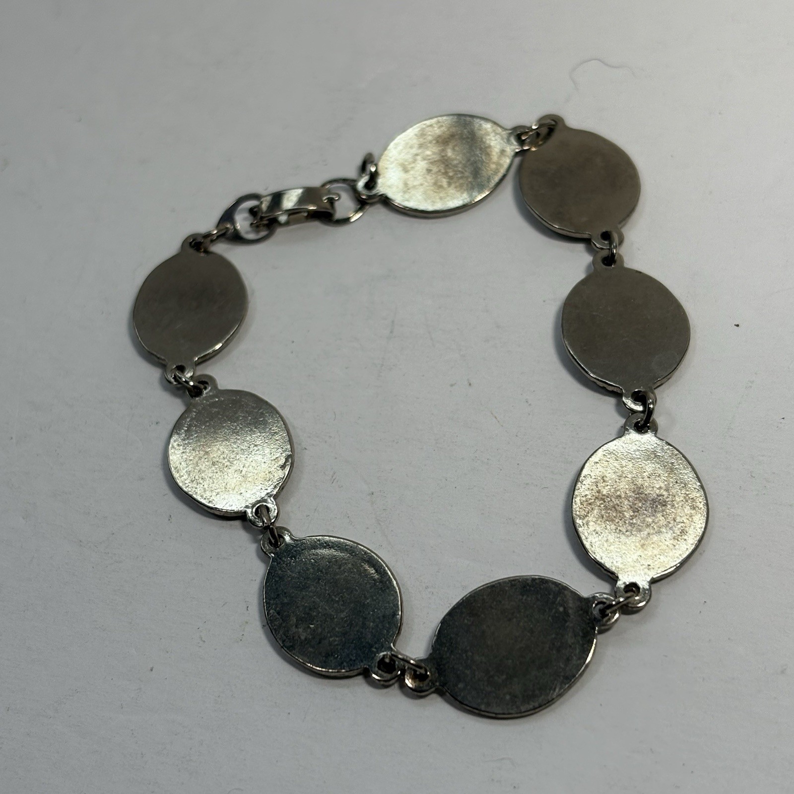 Vintage Silver Tone Abalone Link Bracelet Paua Shell Oval 8″