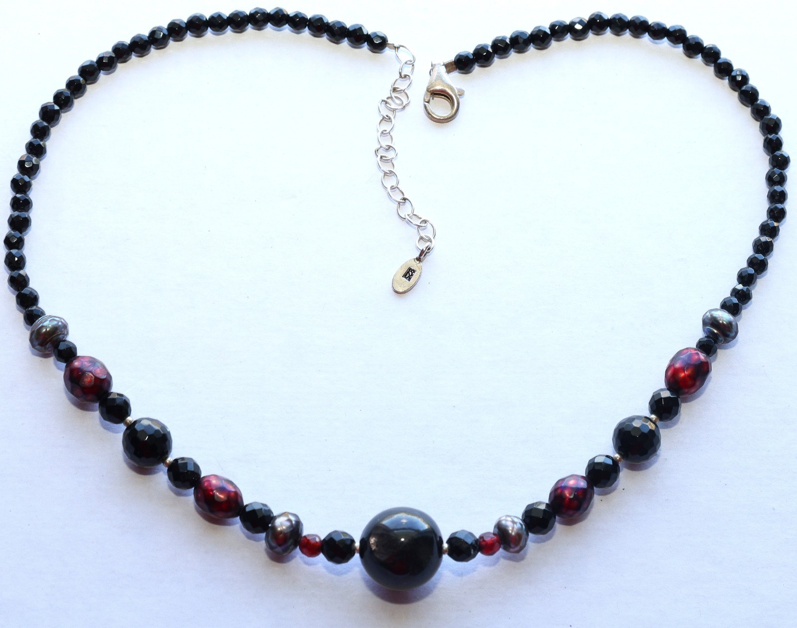 BARSE Sterling Necklace Black Dark Red Gray Beads Balls .925 Silver THAI 19″