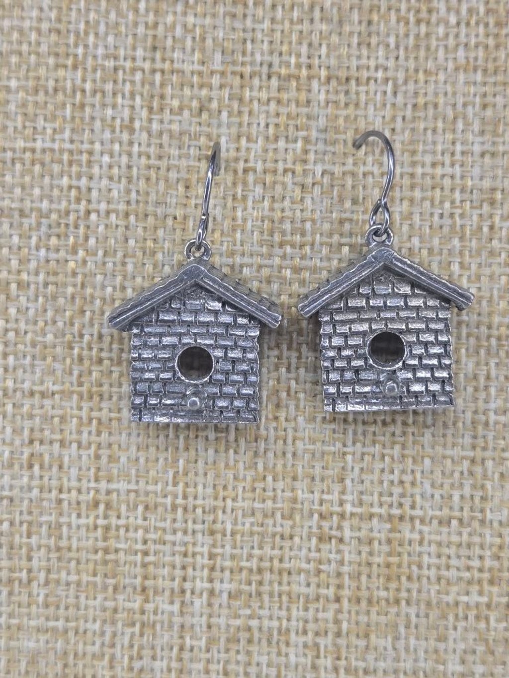 Vintage Jim Clift Signed Pewter Birdhouse Dangle Drop Earrings Fishhook Nature