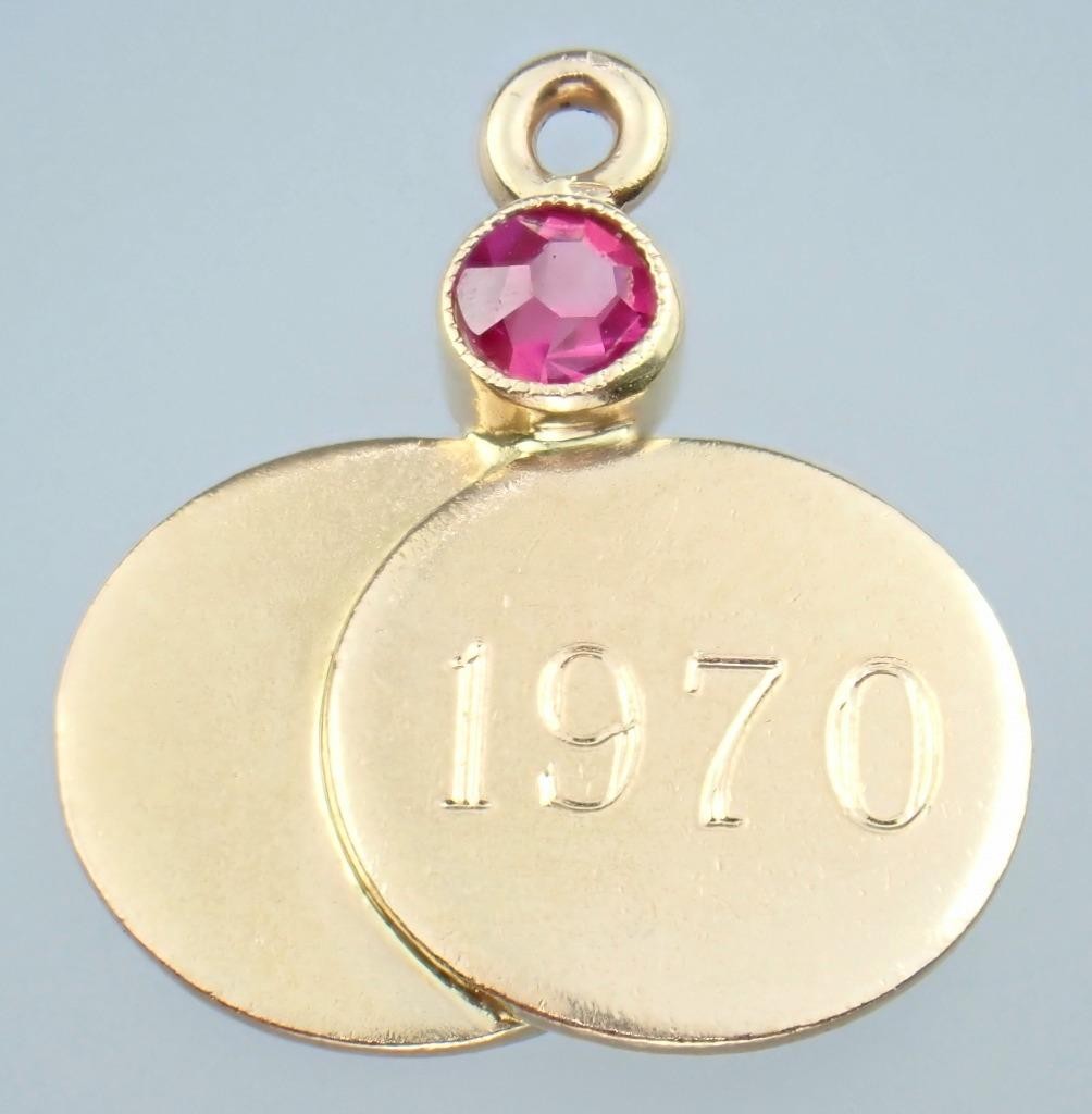 Pretty Vintage Solid 14K Gold Lab Created Ruby Medallions ‘1970’ Charm Pendant