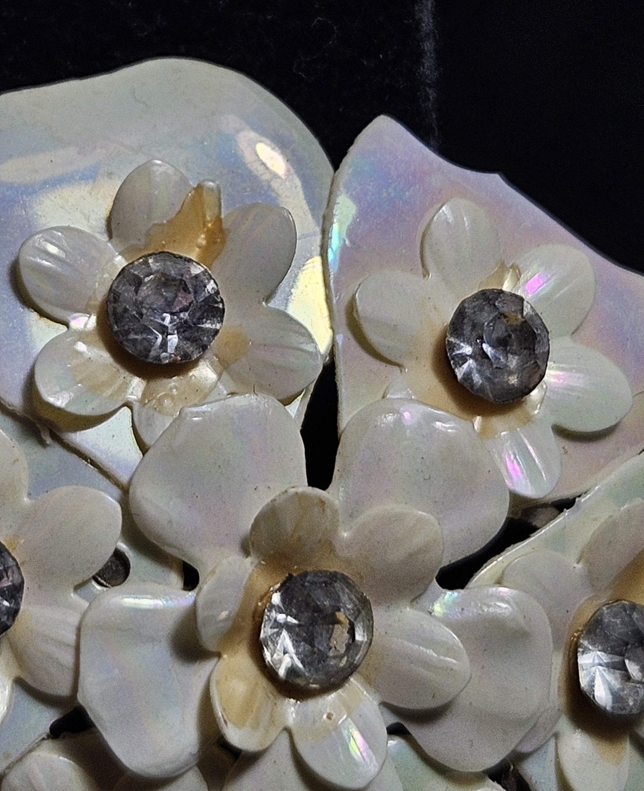 Vintage Floral Cluster Clip On Earrings Iridescent Petal Design with Rhinestone